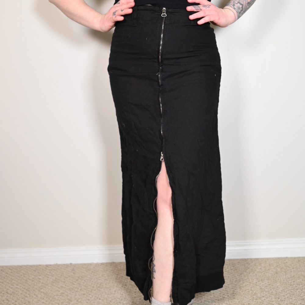 Black Linen Maxi Skirt Zip Up Small Medium